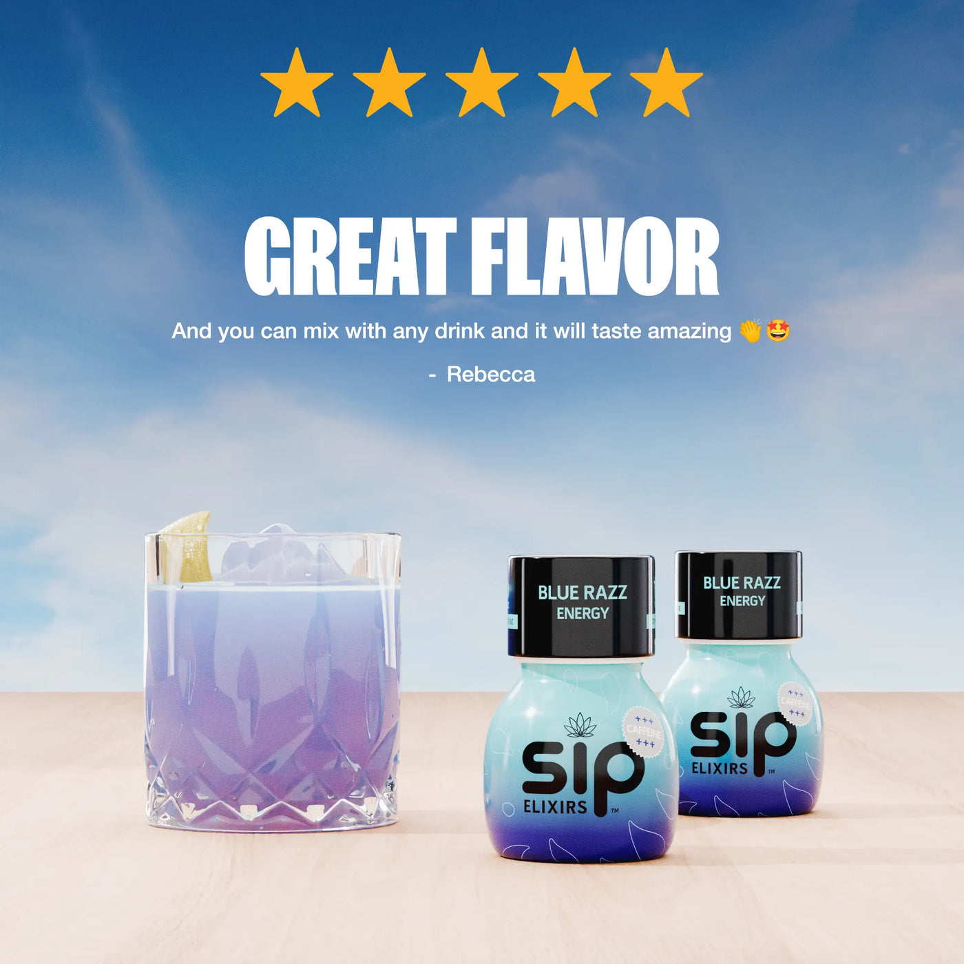 Two bottles of Sip Elixirs Blue Razz Energy on a beach with a glass of blue liquid and a five-star rating.