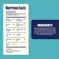 Nutrition facts label and ingredients list on a blue background