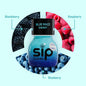 Sip Elixirs Blue Razz Energy bottle surrounded by blackberries, raspberries, and blueberries on a light blue background.