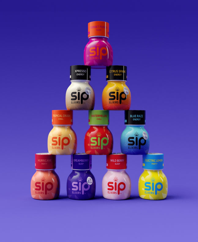 SIP Elixir bottles stacked in a pyramid including Sunset Punch, Xpresso, Citrus Spark, Tropical Crush, Watermelon, Blue Razz, Hurricane, Dreamberry, Wild Berry and Electric Lemon