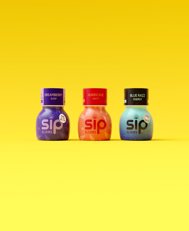 SIP Elixir bottles of Dreamberry, Hurricane and Blue Razz