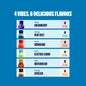 Chart of 4 vibes and 6 delicious flavors with corresponding bottles on a blue background
