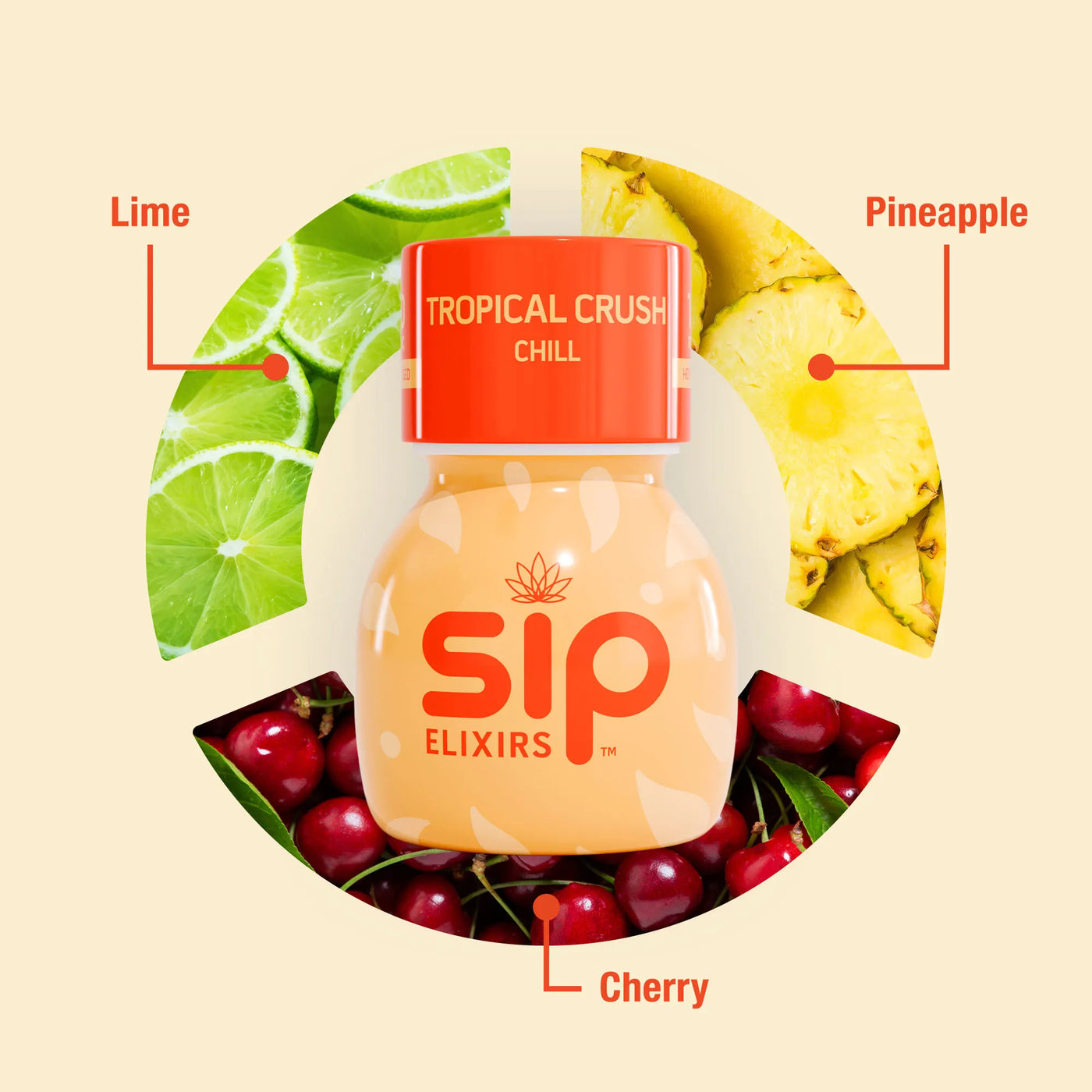 Sip Elixirs Tropical Crush Chill bottle surrounded by lime, pineapple, and cherry slices on a beige background