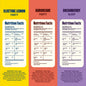 Three colorful labels with 'Nutrition Facts' and product details on a yellow, orange, and purple background.
